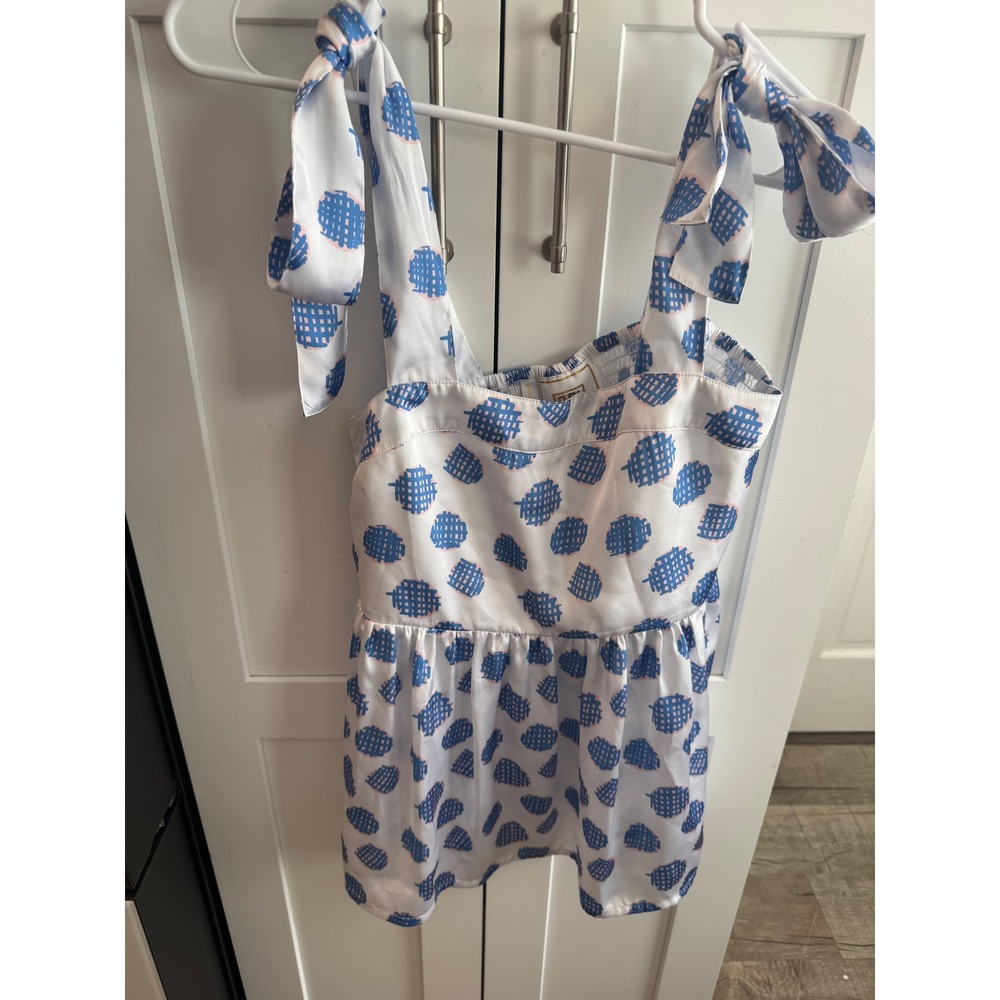 Emily McCarthy Invite Joy Tie Shoulder‎ Smocked Back Peplum Top Blue White XS